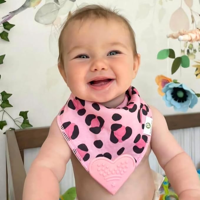 Pickle & Olive - Baby Bandana Girl Teething Bibs with Attached Silicone Teether - Set Of 4 -Leopard
