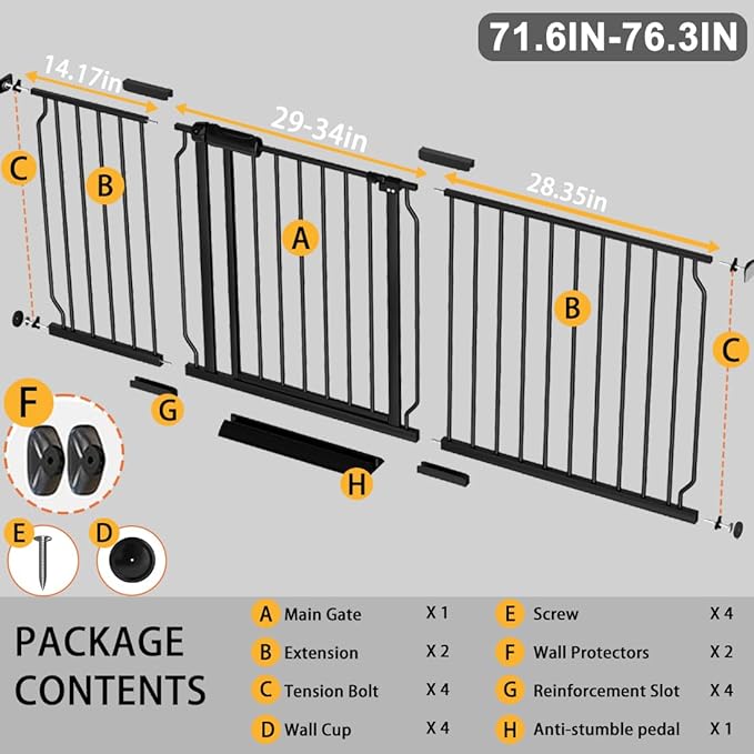 Fairy Baby Extra Wide Baby Gate 71.6-76.3 Inch Wide, Walk Through Pressure Mounted No Drill, Long and Large Tension Gate for Pet and Kids, Black