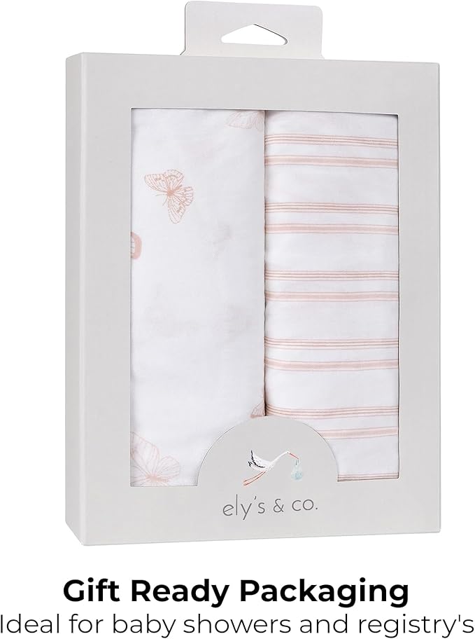 Ely’s & Co. Crib Sheets, Baby Girl Fitted Crib Mattress Sheet Set, 2 Pack, 100% Jersey Knit Cotton, Infant and Toddler Nursery Bedding, Pink Butterfly + Stripes Print, 28” x 52”