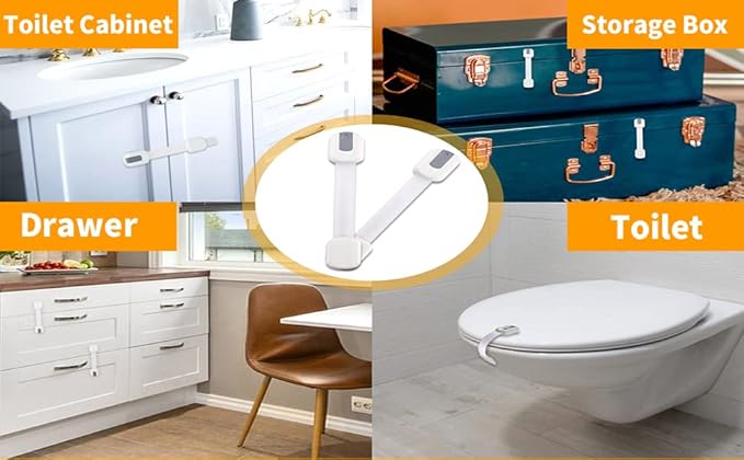 Vmaisi Baby Proofing Cabinet Locks - Childproofing Adjustable Multi Use Straps Latches for Drawers, Fridge, Dishwasher, Toilet Seat, Cupboard, Closet, Oven,Trash Can, Adhesive No Drilling (White) (4)