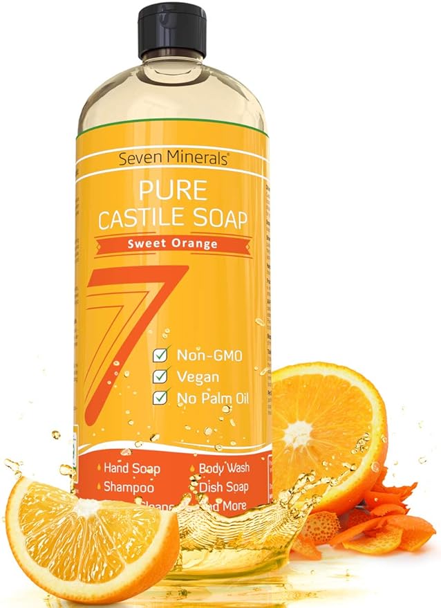 Pure Castile Soap, Sweet Orange - No Palm Oil, GMO-Free - Gentle Liquid Soap For Sensitive Skin & Baby Wash - All Natural Vegan Formula with Organic Carrier Oils (33.8 fl oz)