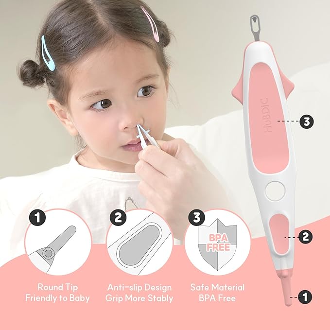 HubiBaby 3 in 1 Baby Nose Cleaning Tweezer Booger Remover and Baby Ear Wax Removal Tool with Soft Silicone Dual Ear Wax and Safe Nasal Picker for Newborns Infants & Toddlers (Pink)