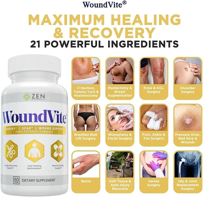 Zen Nutrients WoundVite Pre & Post Surgery Support, Scar & Wound Care, Scar Treatment, Plastic & General Surgery, Heal Faster & Aids in Recovery Time w/Bromelain, Turmeric & Arnica - 60 Vegan Caps