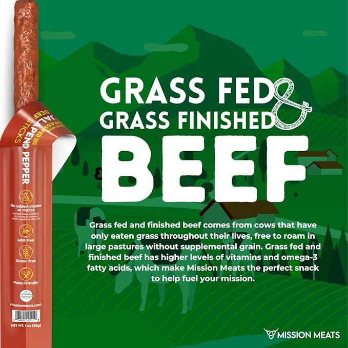 Mission Meats Beef Sticks – 100% Grass Fed & Pasture Raised, Sugar Free, Individually Wrapped Healthy Snacks, Whole 30 & Paleo Friendly, Jalapeno 1oz (Pack of 24)
