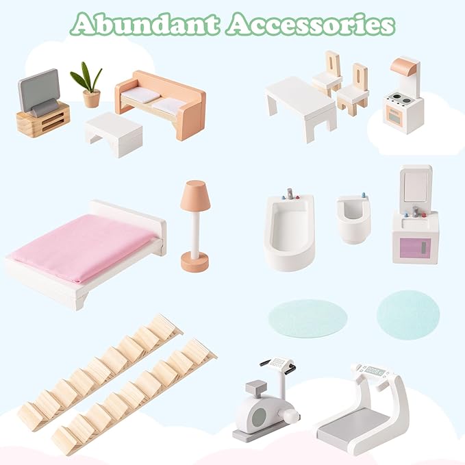 Costzon Wooden Dollhouse for Kids, 3-Level Dollhouse Playset with Double-Sided Roofs, 19 Furniture & Accessories, 5 Rooms, Pretend Play Toddler Doll House, Gift for Kids Aged 3+ (Multicolor)