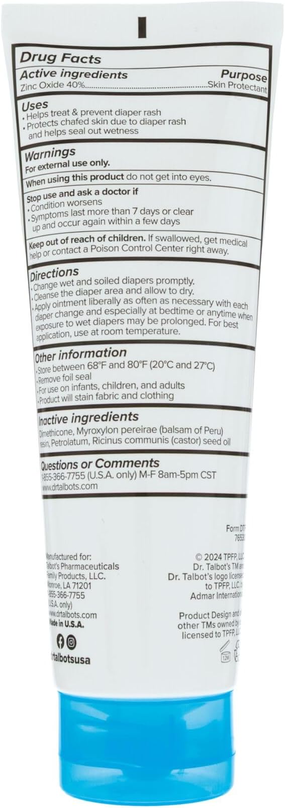 Dr. Talbot's Maximum Strength Diaper Rash Ointment - 4 oz - Zinc Oxide Skin Protectant with Peruvian Balsam - Treats and Prevents Rash