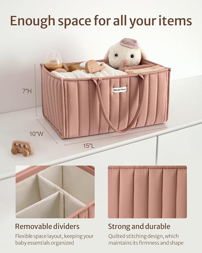 Blissful Diary Baby Diaper Caddy Organizer, Stylish Storage Basket for Newborn Essentials and Diaper Station, Gift for Baby Shower and Registry Must-Have, Blush Pink