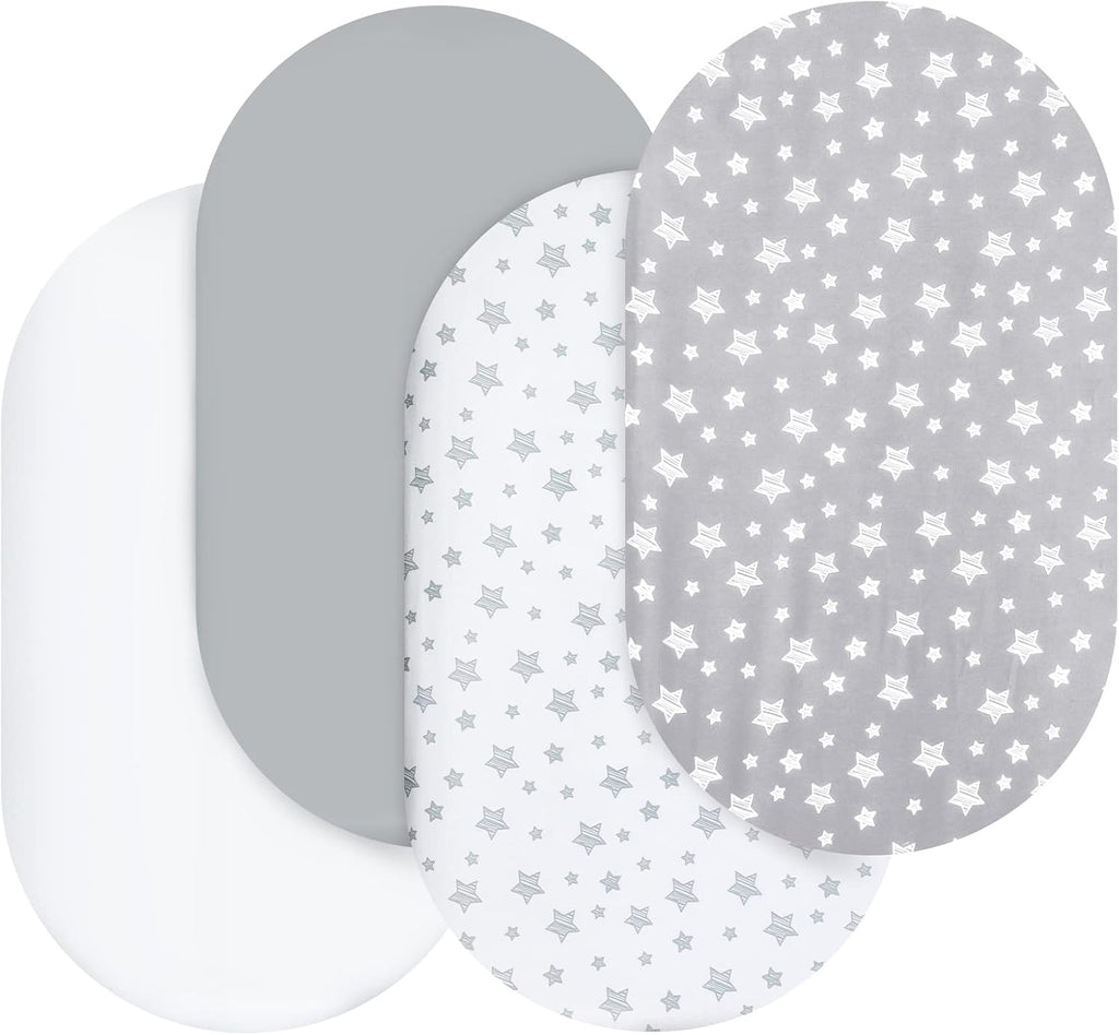 Bassinet Sheets Set 4 Pack for Baby Boy or Girl, Universal Fit for Oval, Hourglass and Rectangular Mattress, Grey