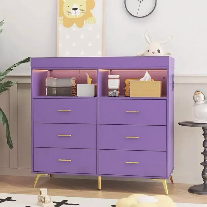 Dresser for Bedroom with LED Lights and Power Outlet, Baby Changing Table Dresser with 6 Drawers, 2 Open Storage Shelves, Baby Diaper Station with Changing Table Top (Purple)