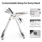 3-in-1 Foldable High Chair for Babies & Toddlers – Adjustable Height, Reclining Seat, 5-Point Safety Harness, Removable Tray, Lockable Wheels, Washable Cushion – Portable & Easy Clean, Grey