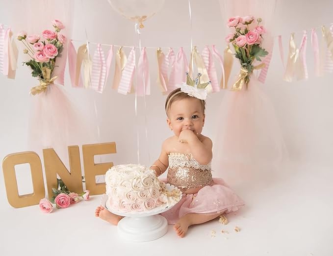 1st Birthday Crown Headband for Baby Girls - Gold/Pink Glitter Mini Crown