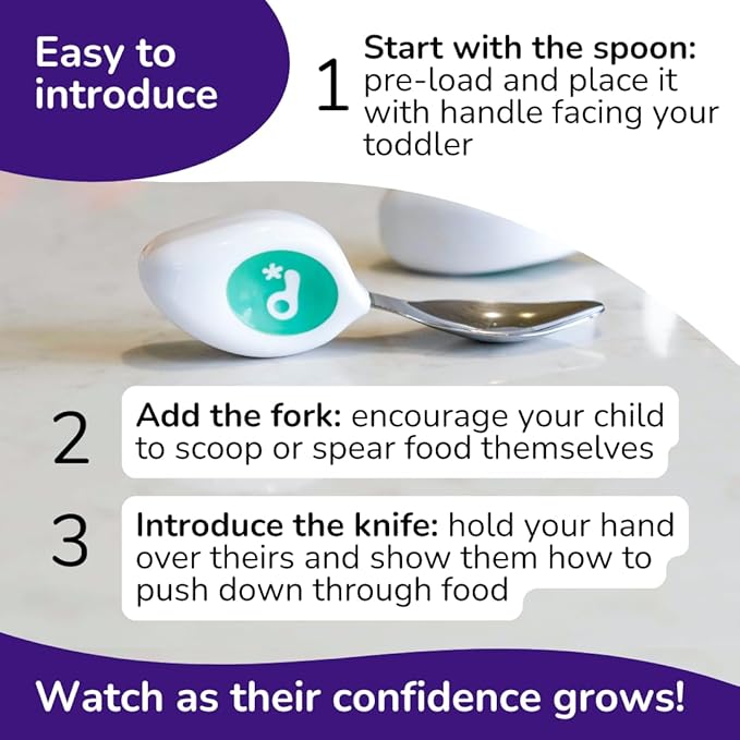 doddl Toddler Utensils, Ergonomic Fork Spoon and Knife Set for Self Feeding, Stainless Steel Silverware for 1-3 Year Olds, BPA Free, Dishwasher Safe (Aqua)