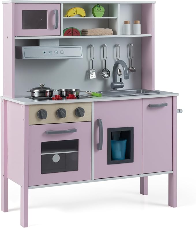 HONEY JOY Kids Kitchen Playset, Wooden Play Kitchen for Toddlers, Microwave, Range Hood, Ice Maker, 18 Cooking Accessories, Little Chef Pretend Play Toy Kitchen Set, Gift for Boys Girls, Pink