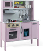 HONEY JOY Kids Kitchen Playset, Wooden Play Kitchen for Toddlers, Microwave, Range Hood, Ice Maker, 18 Cooking Accessories, Little Chef Pretend Play Toy Kitchen Set, Gift for Boys Girls, Pink