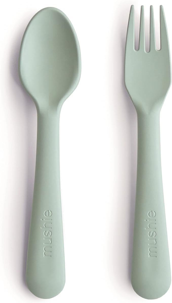 mushie Flatware Fork and Spoon Set For Kids | Made in Denmark (Sage)