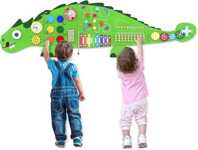 Activity Wall Panels for Kids: Dinosaur Sensory Wall Board for 3+ Years with 10 Activities - Wooden Decor for Toddler Playrooms Bedrooms Daycares