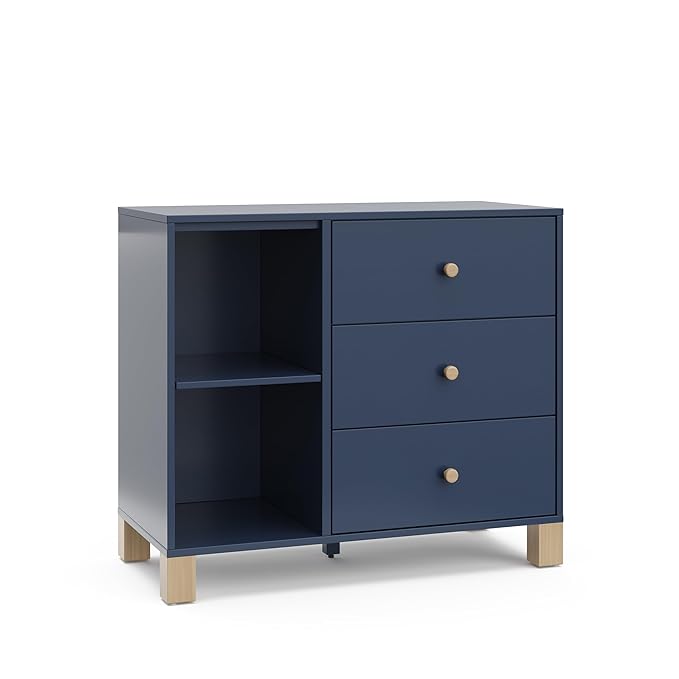 Storkcraft California 3 Drawer Combo Dresser (Midnight Blue with Driftwood) – GREENGUARD Gold Certified, Interlocking Drawer System, Pre-Installed Drawer Tracks for Easier Assembly, Spacious Cabinet