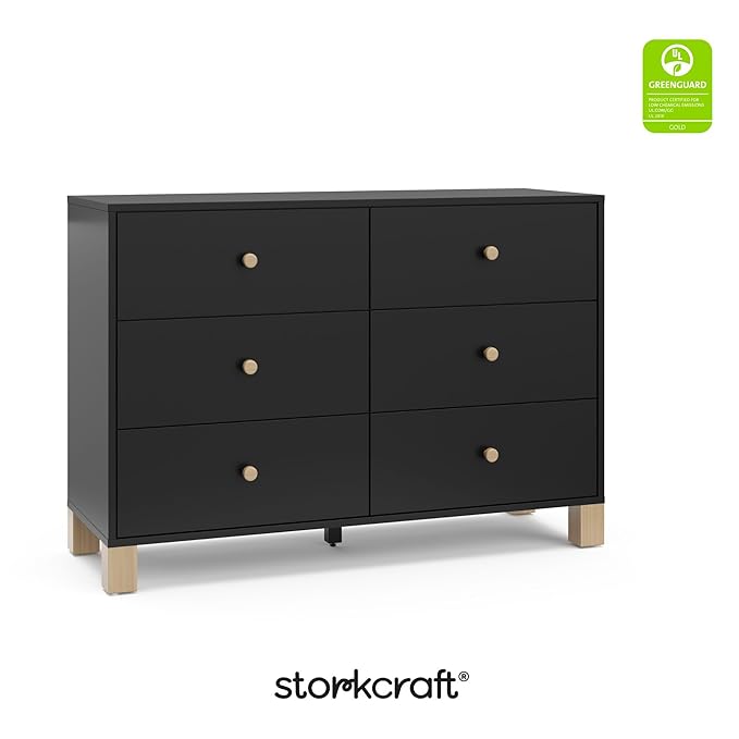 Storkcraft California 6-Drawer Double Dresser (Black with Driftwood) - GREENGUARD Gold Certified, Interlocking Drawer System, Dresser Drawer Organizer for Kids Bedroom