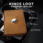 Kings Loot Passport Holder Wallet | RFID Blocking Leather Travel Wallet with Built-in Airtag Holder | Holds 1-6 Cards & Passport | Easy Pull Tab | Travel Wallets (Cognac)