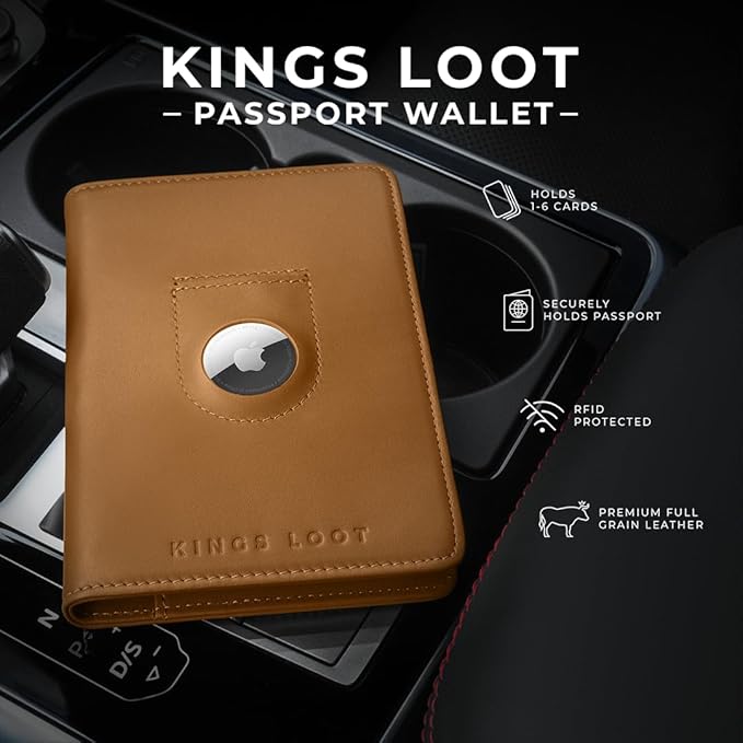 Kings Loot Passport Holder Wallet | RFID Protected Leather Travel Wallet with Built-in Trackable Holder | Holds 1-6 Cards & Passport | Slim & Stylish Wallets (Cognac)