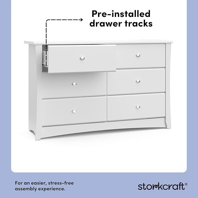 Storkcraft Crescent 6 Drawer Double Dresser (White) – GREENGUARD Gold Certified, Nursery Dresser for Kids Bedroom