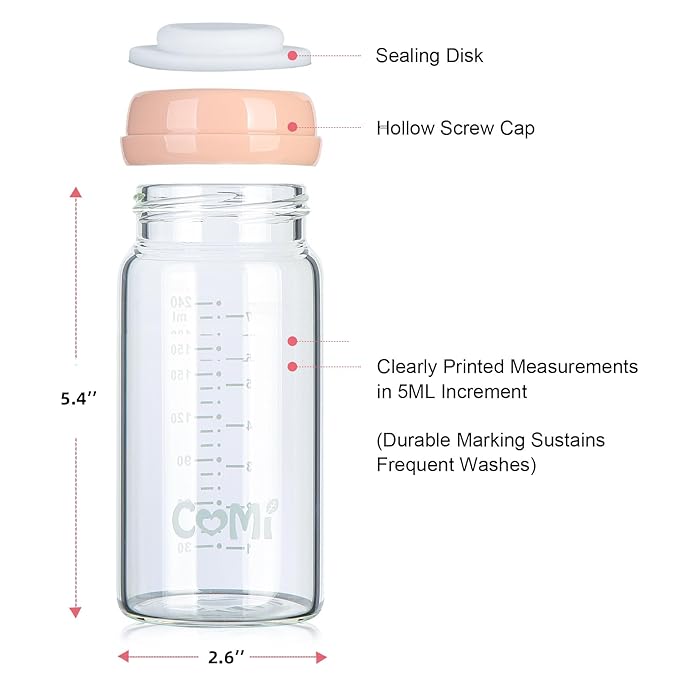 COMI Wide Neck Glass Breastmilk Collection n Storage Bottle, 8oz with Screw Ring Sealing Disk; Re-markable Sealing Disc. BPA Free, Fits Breast Pumps & Nipples (4 Pink Lids)
