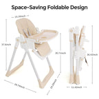 3-in-1 Foldable High Chair for Babies & Toddlers – Adjustable Height, Reclining Seat, 5-Point Safety Harness, Removable Tray, Lockable Wheels and Washable Cushion, Beige