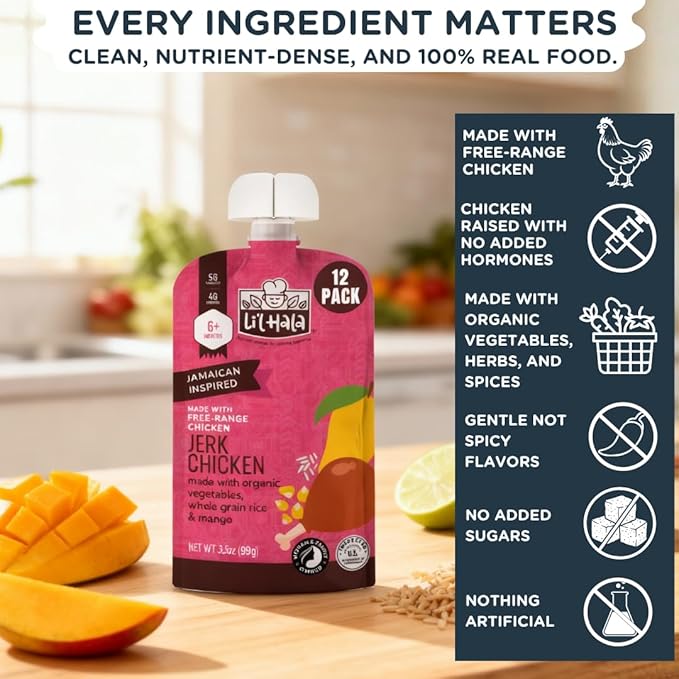 Li’l Hala Jerk Chicken Baby Food Pouches – Free-Range Chicken & Organic Veggies – Toddler Meals with Meat – Protein & Healthy Fats Puree – No Hormones – 6+ Months – 3.5 oz (12 Pack)