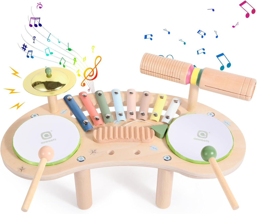 Asweets 7 in 1 Kids Drum Set for Toddlers Wooden Xylophone Musical Instruments Kit Play Set for Toddler Baby Drum Set Montessori Toys Sensory Toys Birthday Gifts for Girls Boys (Moon)