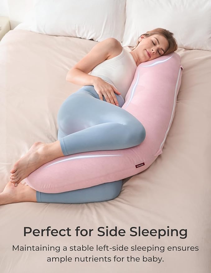 Momcozy Body Pillow for Pregnancy, J Shaped Pregnancy Pillows for Side Sleeping, Soft Maternity Pillow with Jersey Cotton Cover for Head Neck Belly Support, Pink