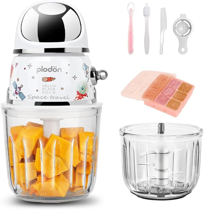Baby Food Maker Mini Cute and Small Food Processor Puree Blender Grinder Chopper 1.2 Cup Glass Bowl with 6 Blade Electric (Spaceman-White)