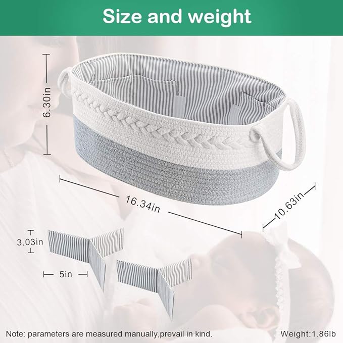 Baby Diaper Caddy Organizer - Extra Large Nappy Caddy Rope Nursery Storage Bin - Baby Basket with 8 Pockets, 5 Compartments and 2 Removable Dividers