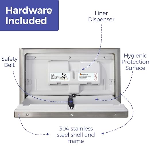 Panda Care Stainless Steel Recessed Mounted Baby Changing Station, Heavy Duty Foldable Diaper Changing Table with Liner Dispenser and Adjustable Safety Belt for Commercial and Business