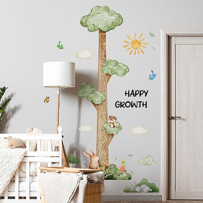 3D Cartoon Height Growth Chart for Kids Wall Stickers Removable DIY Jungle Animals and Plants Height Sticker Peel and Stick Sun White Clouds Wall Art Decor for Nursery Kids Bedroom Living Room