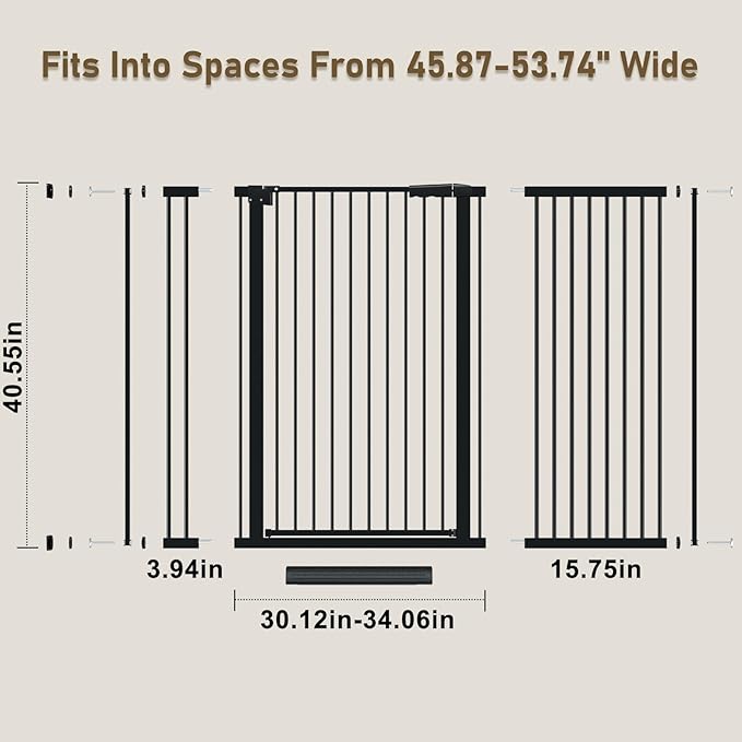 WAOWAO 40.55" Extra Tall 1.37" Ultra Narrow Spacing 45.87-53.74" Extra Wide Dogs Pets Baby Gate Safety Indoor Puppy Pressure Mounted Gate No Drill Black Metal for Stairs,Doorways,Kitchen,Hallway