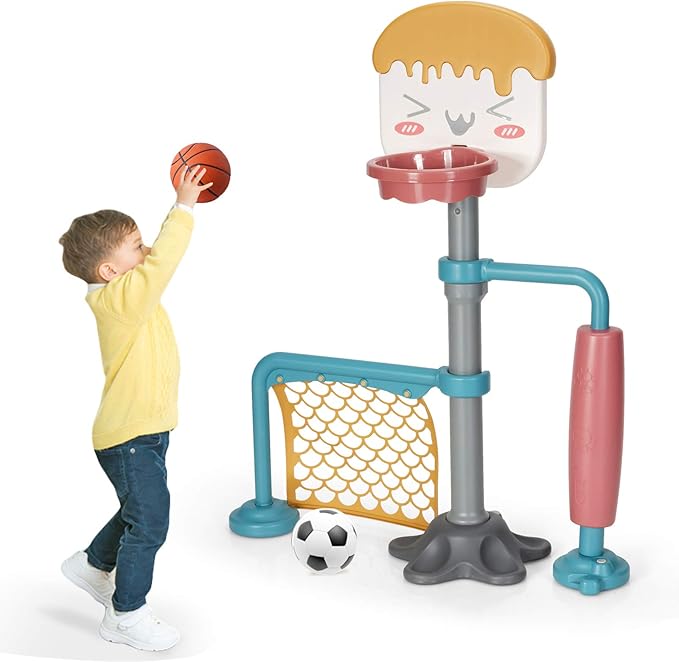 Costzon 3-in-1 Toddler Basketball Hoop & Soccer Goal Stand, Basketball Stand with Adjustable Height, Indoor & Outdoor Activity Center Basketball & Soccer for Kids