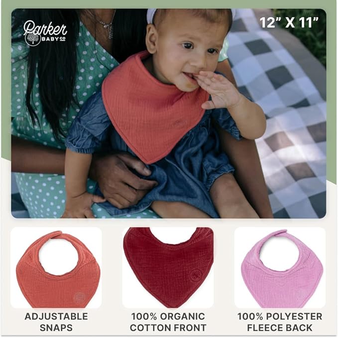 Parker Baby Muslin Bandana Drool Bibs | 100% Soft Muslin Cotton, Absorbent & Adjustable | Stylish Teething & Drooling Bibs