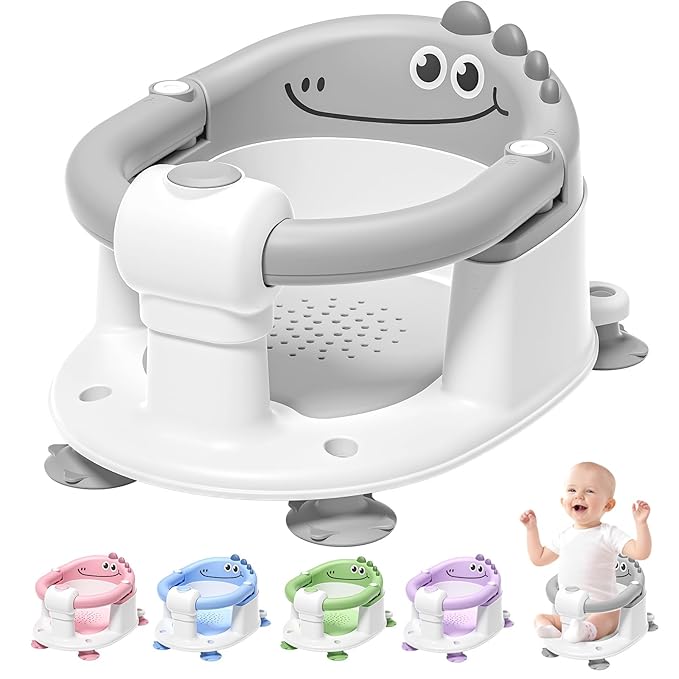 TPN Baby Bath Seat for Babies 6 Months & Up, Non-Slip Toddler Bath Seat with 5 PCS Waterproof Emoji Stickers, Portable Infant Bath Seat for Baby(Grey)
