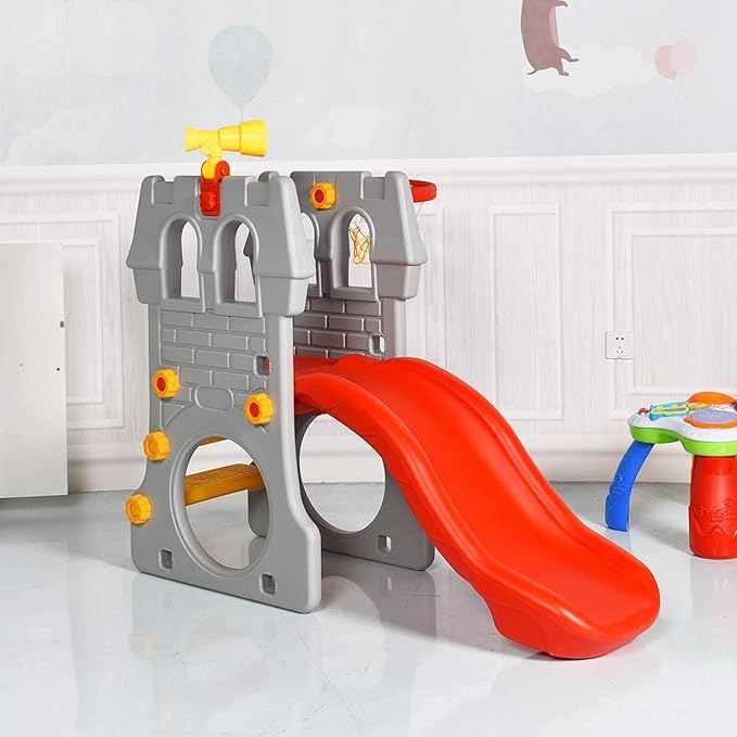KOTEK Toddler Slide Indoor for Age 3-8, 5 in 1 Kids Climber Slide with Basketball Hoop, Telescope, Crawl Through Space & Climbing Stairs, Freestanding Kids Slide for Boys & Girls