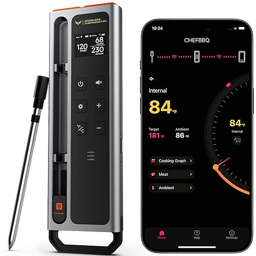 Meat Thermometer Digital Wireless, 800FT Long Range Bluetooth Cooking Thermometer, Food Thermometer for Remote Monitoring of Grill, Oven, Smoker, Air Fryer, Rotisserie, iOS & Android App