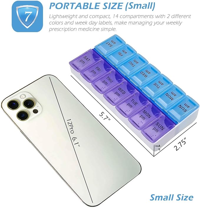 VOFOON Travel Pill Organizer 2 Times a Day, PU Leather Portable Pill Case for Women/Men, 7 Day AM PM Pill Box with Travel Pouch Medicine Organizer for Vitamins Medicine Fish Oils Supplements (Small)