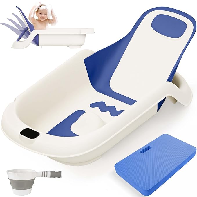 Baby Bathtub for Newborn to Toddler, Reclining Newborn Bathtub, Adjustable Baby Tub with Thermometer, Bath Kneeler Pad & Clean Rinse Cup, 0-36 Months (Blue)