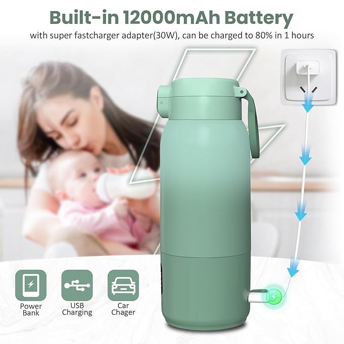Portable Bottle Warmer for Travel, 17oz Portable Milk Warmer for Baby Fast Heating, 30W Fast Charge Precise Temperature Control Bottle Warmer On The Go Baby Milk Warmer for Breastmilk & Formula