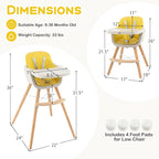 BABY JOY Convertible Baby High Chair, 3 in 1 Wooden Highchair/Booster/Chair with Removable Tray, Adjustable Legs, 5-Point Harness, PU Cushion and Footrest for Baby, Infants, Toddlers (Yellow)