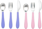 Kids Stainless Steel Utensils Set - Premium 18/8 Grade Silverware Kit - 2 Spoons, 2 Forks, and 2 Knives for Ages 4-7 - Silicone Easy-Grip Handles - Children Flatware Cutlery (Bright - Purple, Pink)