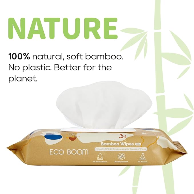 ECO BOOM Bamboo Viscose Wipes | Non-Toxic, Organic & Biodegradable Baby Wipes | Unscented, Hypoallergenic, Vegan for Sensitive Skin, 240 Count