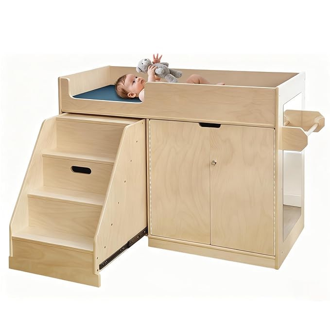 Wooden Baby Changing Table with Mirror, 100% Birch Plywood Toddler Diaper Changing Station with Stairs & Storage, Montessori Furniture for Daycare, Nursery, Home, School