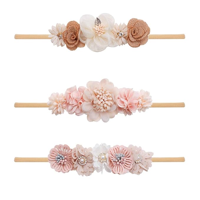 Baby Girl Nylon Headbands Flower Hair Bows Accessories-Elastic Hair Band Crown Handmade FLoral Wraps Birthday Gifts for Girls Newborn Infant Toddler 3Pcs