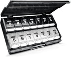 Extra Large Weekly Pill Organizer 2 Times a Day - Remtise Am/Pm Daily Pill Case Medicine Organizer, Push Button 7 Day Pill Box for Pills/Vitamin/Cod Liver Oil/Supplements (Black & White)