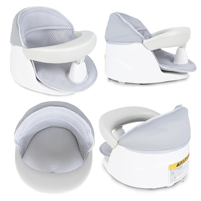 Swivel Baby Bath Seat, Openable Armrest and 360° Rotatable Baby Bath Seat for Babies 6 Months & up, Baby Bath Mat/Rinse Cup/Brush/Baby Shower Cap Included, White